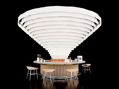 Modern Bar Design With White Layered Curved Ceiling Lights Wooden Counter Bar Stools And Bottles 3d model