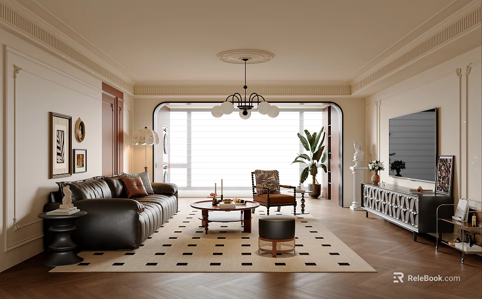 Modern Elegant Living Room Interior Design With Black Leather Sofa Geometric Rug And Chandelier 3d model 