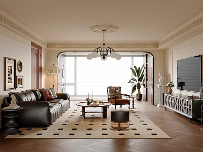 Modern Elegant Living Room Interior Design With Black Leather Sofa Geometric Rug And Chandelier 3d model