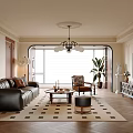 Modern Elegant Living Room Interior Design With Black Leather Sofa Geometric Rug And Chandelier