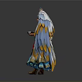 Winged Female Figure In Blue And Gold Robe With Decorative Headdress And Holding Object