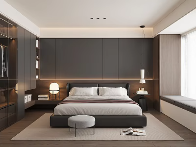 Modern Bedroom Interior With Bed Nightstands Table Lamps Stool Rug And Window Bench 3d model
