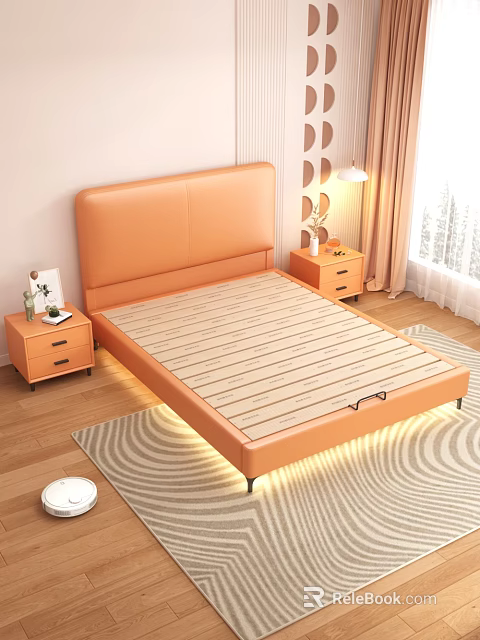 Orange Leather Headboard Bed Frame With Wooden Slat Support And Nightstands On Wooden Floor 3d model 