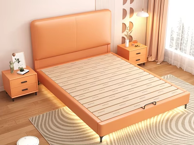 Orange Leather Headboard Bed Frame With Wooden Slat Support And Nightstands On Wooden Floor 3d model
