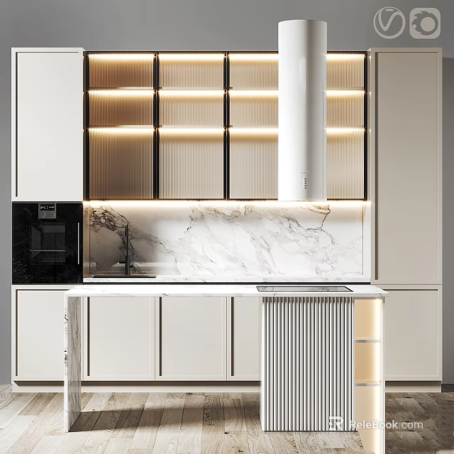 Elegant Modern Kitchen Cabinets With Lighted Display Shelves And Marble Backsplash 3d model 