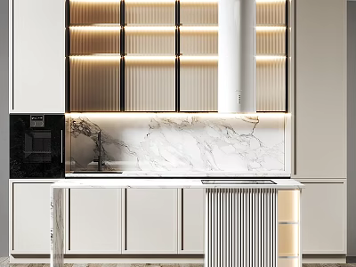 Elegant Modern Kitchen Cabinets With Lighted Display Shelves And Marble Backsplash 3d model