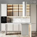 Elegant Modern Kitchen Cabinets With Lighted Display Shelves And Marble Backsplash 3d model