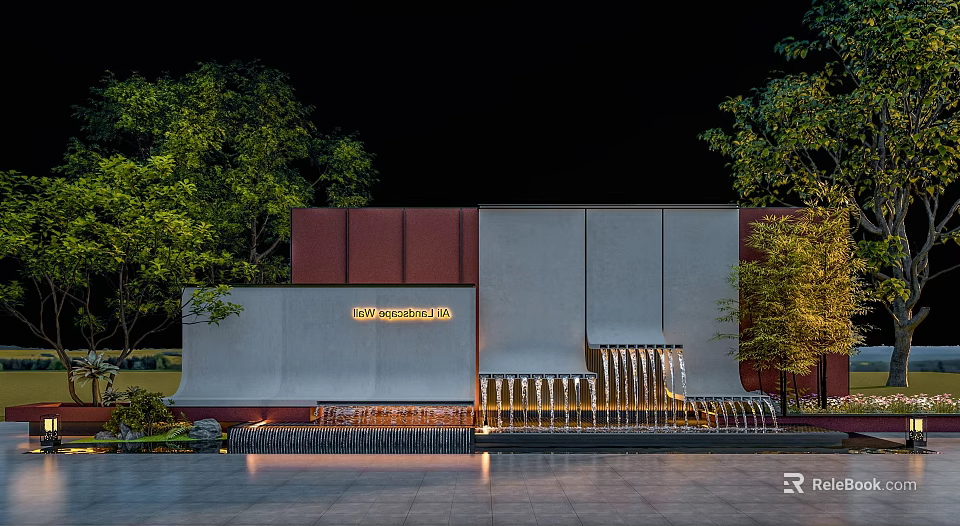 New Generation Plaza Exterior With Modern Building Fountain And Trees At Night 3d model 