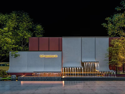 New Generation Plaza Exterior With Modern Building Fountain And Trees At Night 3d model