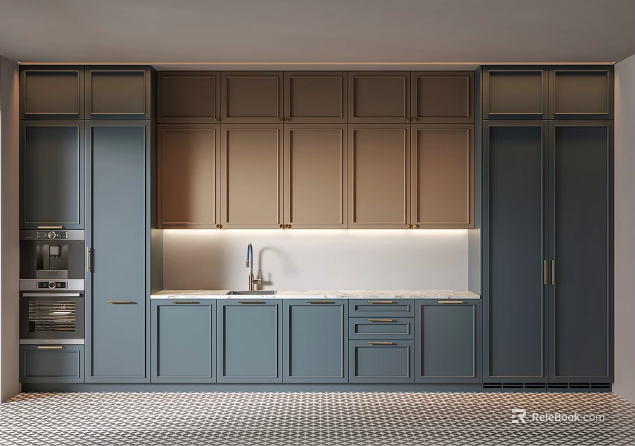 Modern Kitchen Interior Design With Blue Brown Cabinets Marble Countertop And Checkered Floor 3d model 