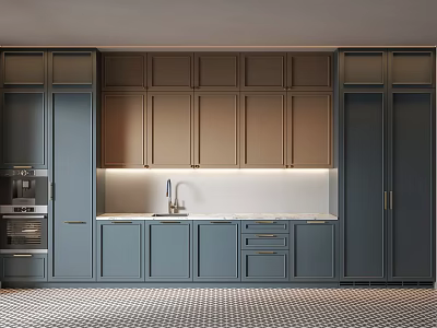 Modern Kitchen Interior Design With Blue Brown Cabinets Marble Countertop And Checkered Floor 3d model