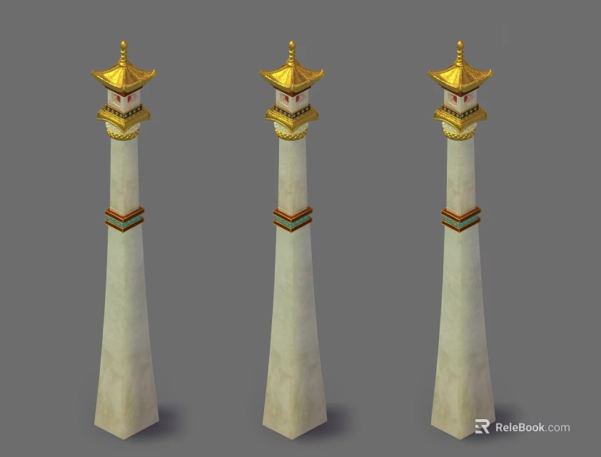 Outdoor Lights With Tall White Columns Featuring Golden Decorative Tops And Colorful Accents 3d model 