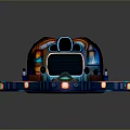 Futuristic Circular Stage Platform With Illuminated Edge Central Hole Decorative Patterns And Colorful Screen