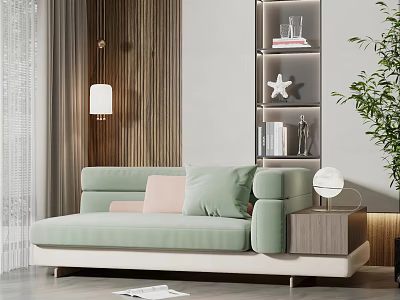 Modern Green Beige Chaise Lounge With Accent Pillows Wooden Wall Bookshelf And Green Plant 3d model