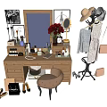 Cozy Dressing Table Setup With Mirror Cosmetics Vase Stool Clothes Rack Hat Bag And Shoes