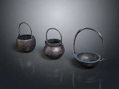 Three Vintage Silver Household Containers With Handles And Textured Surfaces 3d model