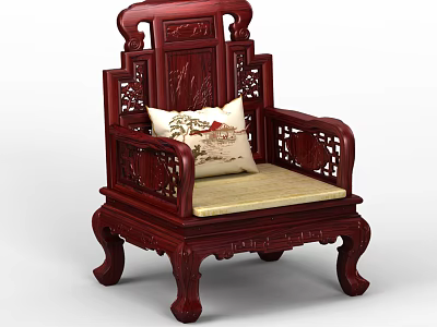 Traditional Chinese Style Mahogany Armchair With Carved Design And Patterned Cushion 3d model