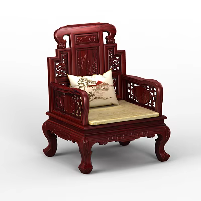 Traditional Chinese Style Mahogany Armchair With Carved Design And Patterned Cushion 3d model