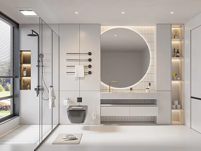 Modern Bathroom Interior Design With Round Mirror Glass Shower Enclosure And Vanity Storage Shelves 3d model