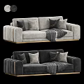 Light And Dark Gray Two-Seater Sofa With Golden Accents Cushions And Throw Blanket