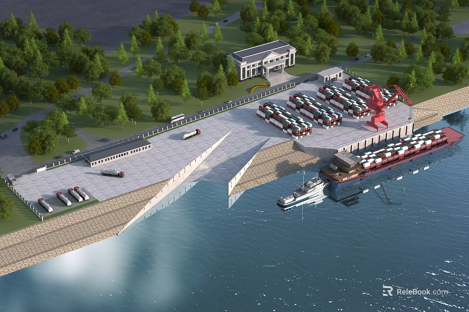 Port Scenery with Cargo Ship Red Crane Parked Trucks Building Green Trees and Water 3d model 