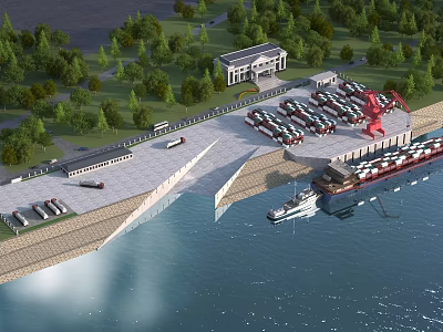 Port Scenery with Cargo Ship Red Crane Parked Trucks Building Green Trees and Water 3d model