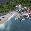 Port Scenery with Cargo Ship Red Crane Parked Trucks Building Green Trees and Water