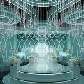 Luxurious Banquet Hall Interior With Crystal Chandeliers Light Blue Decor Central Stage And White Chairs