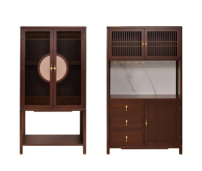 Chinese Style Wooden Wine Cabinets with Round Decor Lattice Doors and Marble Panel 3d model