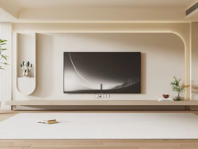 Modern Minimalist TV Background Wall With Flat Screen TV LED Strip Lights And Decorative Shelf 3d model