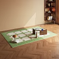 Square Green And White Checkered Rug On Wooden Floor With Coffee Table And Lamp