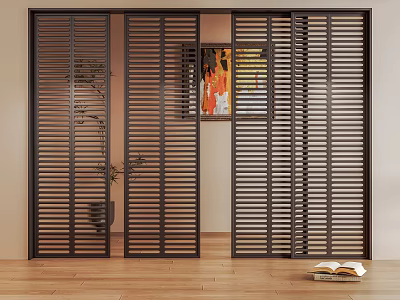 Black Louvered Shutters As Interior Room Divider With Wooden Floor And Plant 3d model