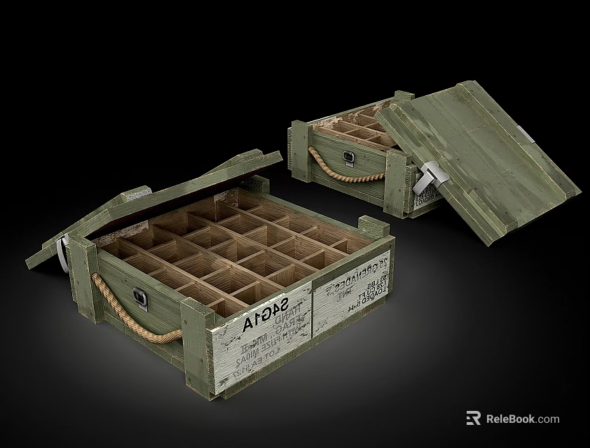 Weapon Storage Crates Green Wooden Open With Compartmentalized Grid Labeled AT1938 3d model 