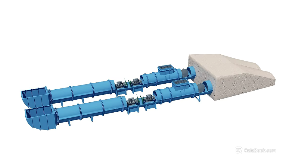 Blue Industrial Conveyor Equipment With Cylindrical Components And Gray Square Structure 3d model
