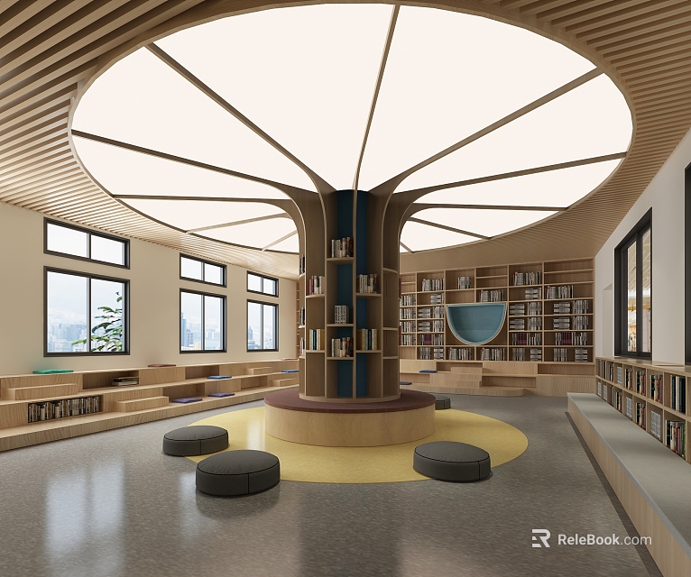 Artistic Library Interior With Tree Shaped Bookshelf And Round Skylight 3d model 