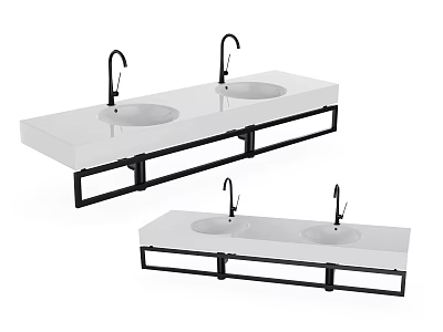 Modern Wall Mounted Double Sink Washbasin With White Countertop And Black Brackets 3d model