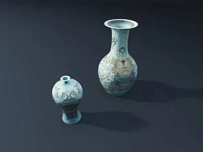 Light Blue Ceramic Vases With Golden Patterns Two Different Sizes On Dark Background 3d model