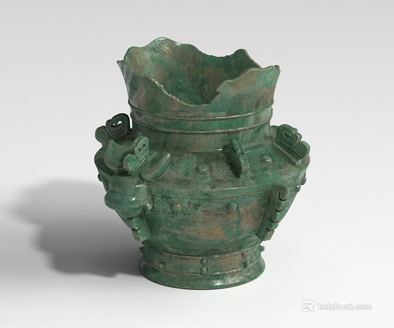 Ancient Green Bronze Landscape Sculpture With Carved Dragon Shaped Decorations And Wavy Rim 3d model 