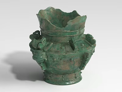 Ancient Green Bronze Landscape Sculpture With Carved Dragon Shaped Decorations And Wavy Rim 3d model