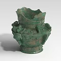Ancient Green Bronze Landscape Sculpture With Carved Dragon Shaped Decorations And Wavy Rim