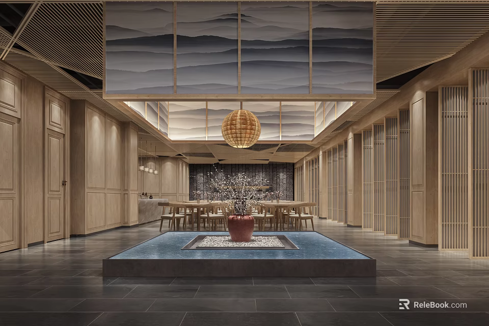 Hotel Public Lounge Area Interior Design With Wooden Walls Central Water Feature And Pendant Light 3d model 