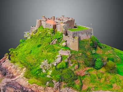 Ancient Castle on Green Hill With Red Roof Stone Walls and Lush Vegetation 3d model