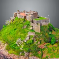 Ancient Castle on Green Hill With Red Roof Stone Walls and Lush Vegetation