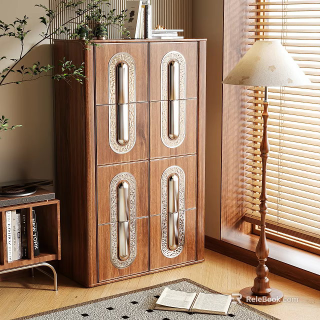 Wooden Storage Cabinet with Decorative Metal Handles in Classic Design by Window with Table Lamp 3d model 