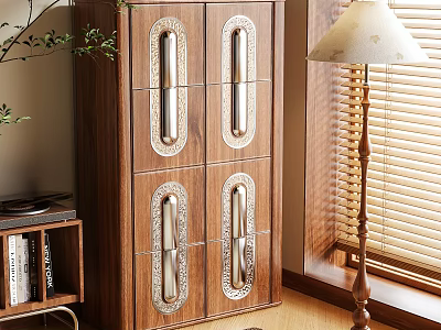 Wooden Storage Cabinet with Decorative Metal Handles in Classic Design by Window with Table Lamp 3d model