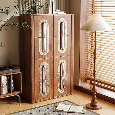 Wooden Storage Cabinet with Decorative Metal Handles in Classic Design by Window with Table Lamp 3d model
