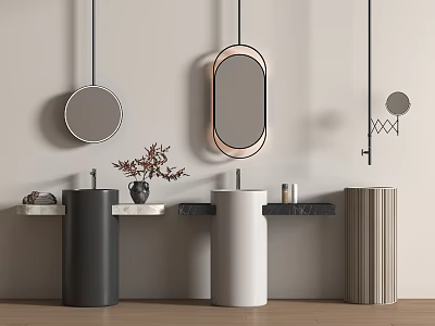 Modern Pedestal Washbasins With Round Oval Mirrors Dried Flowers And Black Countertops 3d model
