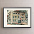 Framed Landscape Painting Of Vintage Yellow House With American Flag And Trees