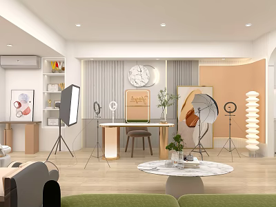 Modern Open Public Office Space With Photography Lights Reflectors Sofa Round Table And Green Plants 3d model