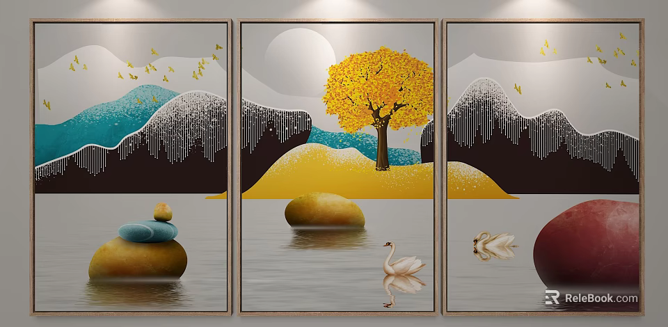 Three Panel Decorative Wall Art With Golden Tree Swan Mountains And Stones 3d model 